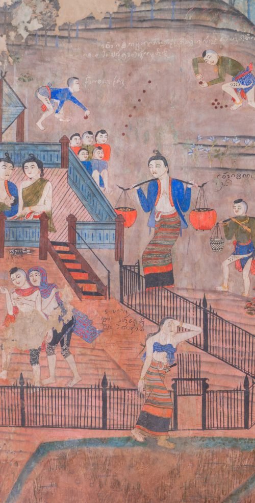 Painting art wall decoration of JAJA Krasip Rak or Poo Man Ya Man love romantic couple at Wat Phumin temple, Nan, Thailand. Famous tourist attraction.